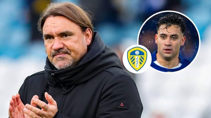 Leeds manager Daniel Farke and, inset, Whites loanee Facundo Buonanotte next to the Leeds United badge