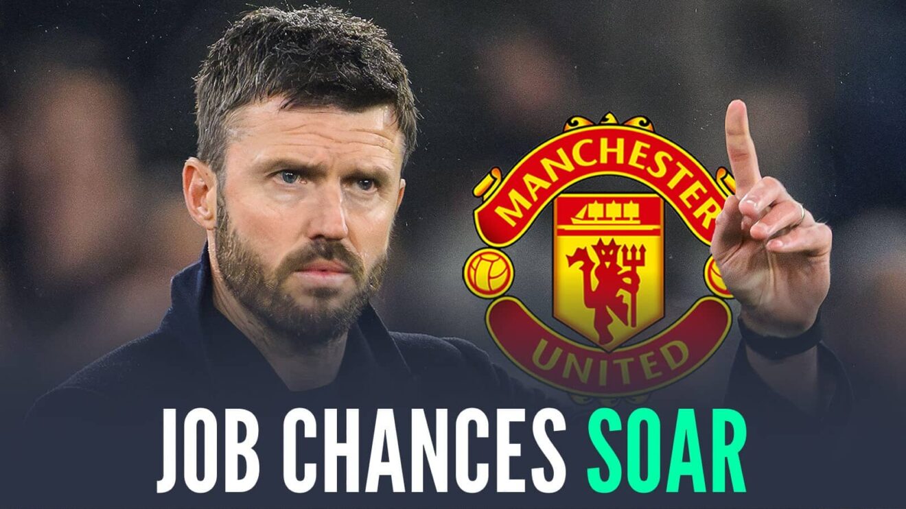 Michael Carrick next to the Manchester United badge and the words 'job chances soar'