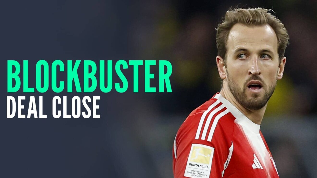 Bayern Munich striker Harry Kane next to the words 'blockbuster deal close'