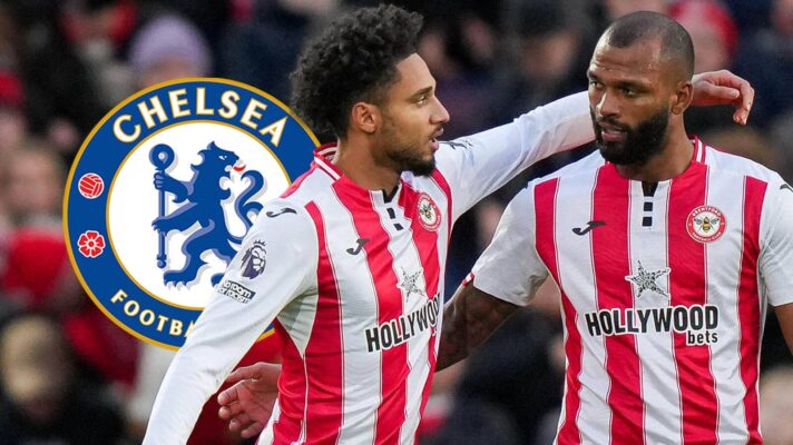 Brentford's Kevin Schade and Igor Thiago next to the Chelsea badge