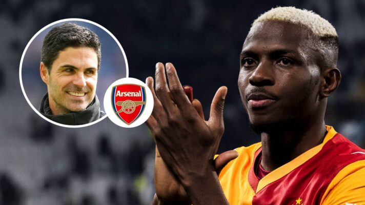 Mikel Arteta, Arsenal badge and Galatasaray striker Victor Osimhen - copyright TEAMtalk