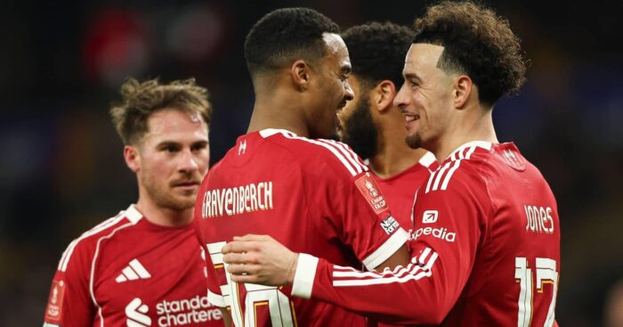 Alexis Mac Allister, Ryan Gravenberch and Curtis Jones celebrate a Liverpool goal