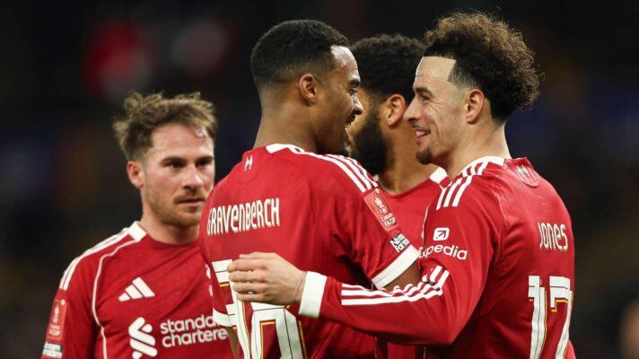 Alexis Mac Allister, Ryan Gravenberch and Curtis Jones celebrate a Liverpool goal