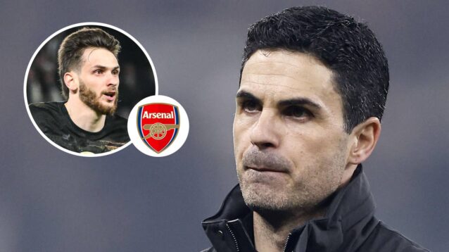 Arsenal manager Mikel Arteta and, inset, PSG superstar Khvicha Kvaratskhelia