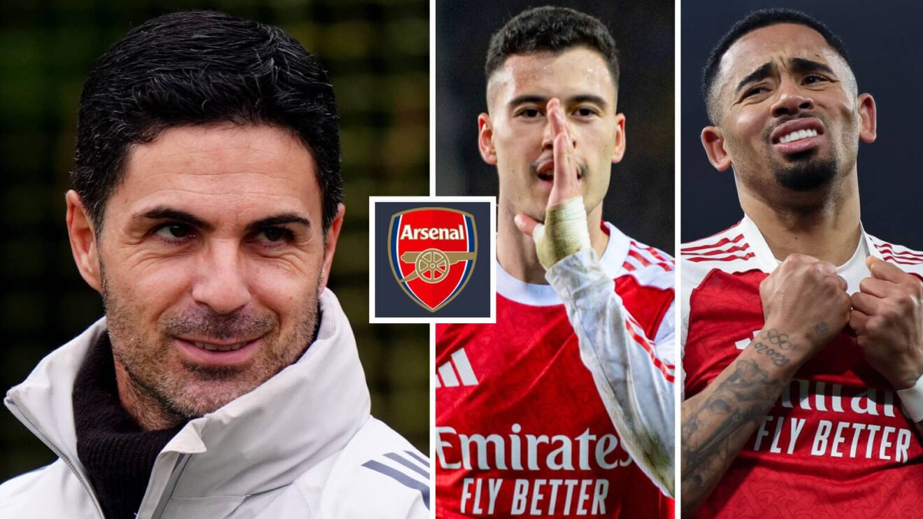 Arsenal manager Mikel Arteta next to the club badge and attacking stars Gabriel Martinelli and Gabriel Jesus