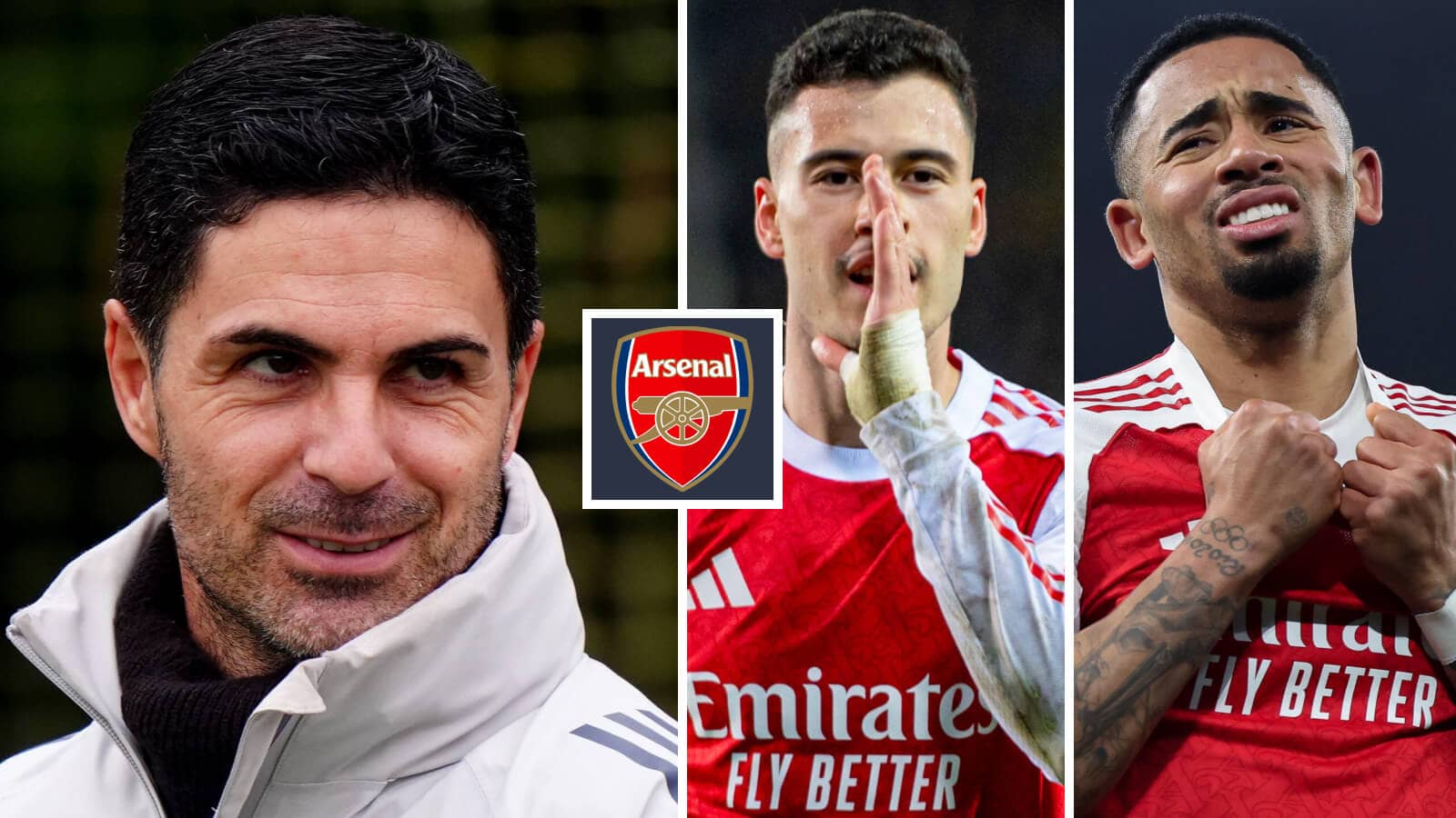 Arsenal manager Mikel Arteta next to the club badge and attacking stars Gabriel Martinelli and Gabriel Jesus