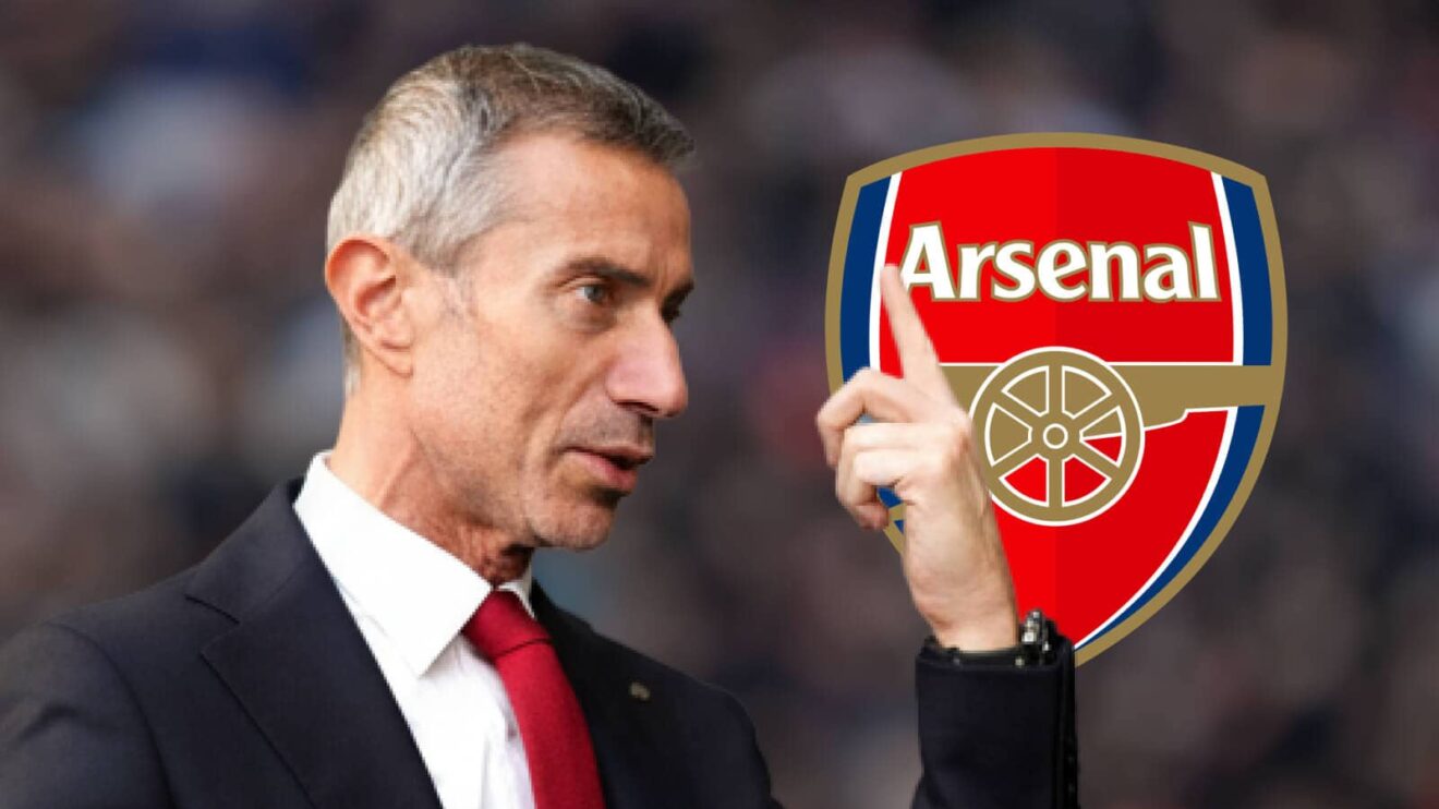 Arsenal sporting director Andrea Berta next to the club's badge