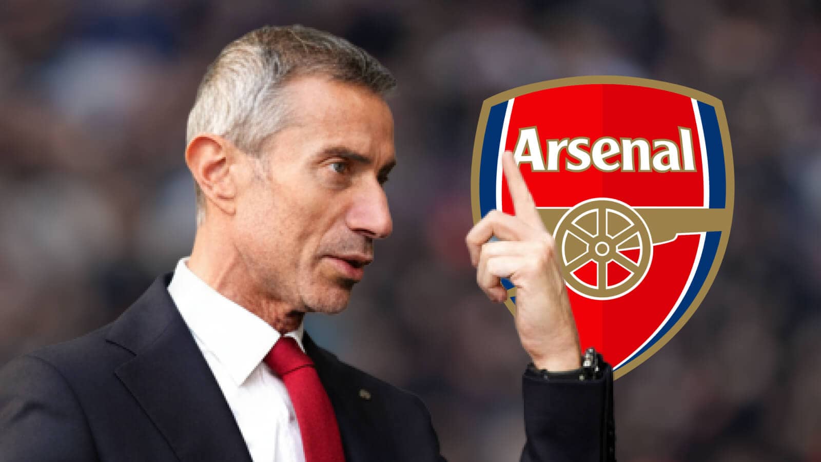 Arsenal sporting director Andrea Berta next to the club's badge