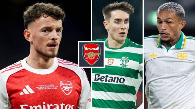Arsenal star Ben White next to the Arsenal club badge and Sporting CP's Ivan Fresneda and Wesley Franca of AS Roma