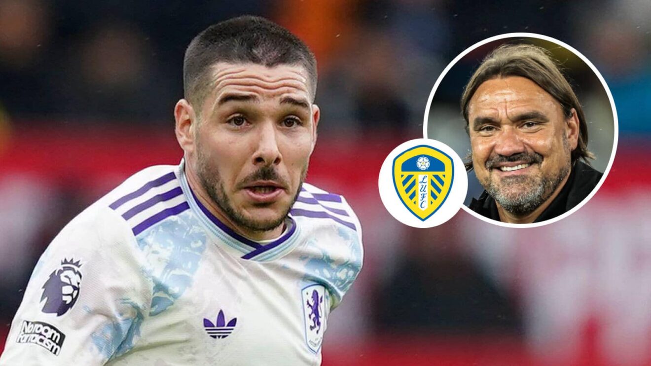 Aston Villa star Emiliano Buendia and, inset, Leeds boss Daniel Farke next to the Leeds United badge