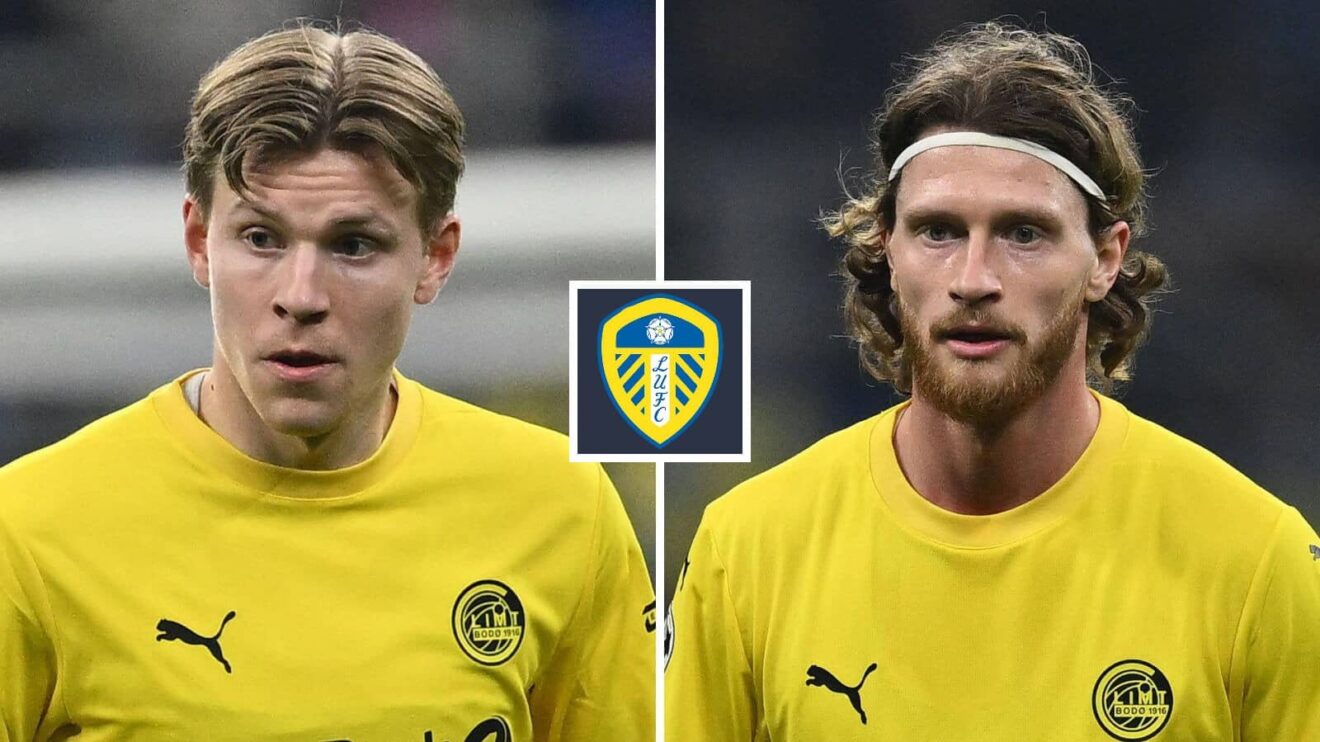 Bodo/Glimt duo Jens Petter Hauge and Kasper Hogh either side of the Leeds United