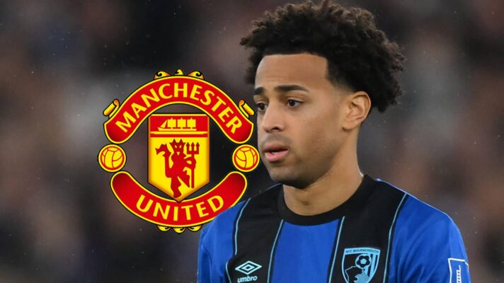 Bournemouth star Tyler Adams next to the Manchester United badge