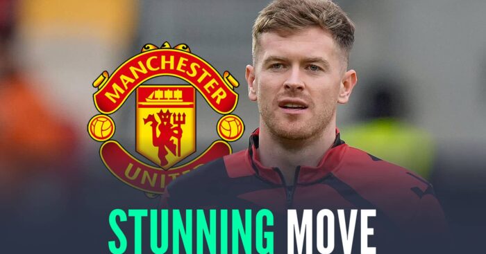 Brentford captain Nathan Collins next to the Manchester United badge and the words 'stunning move'