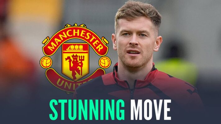 Brentford captain Nathan Collins next to the Manchester United badge and the words 'stunning move'