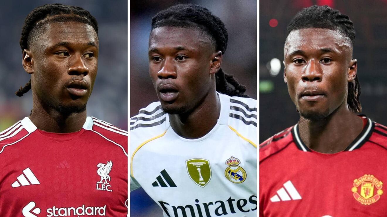 Eduardo Camavinga of Real Madrid with Liverpool and Manchester United kits Photoshopped on to him