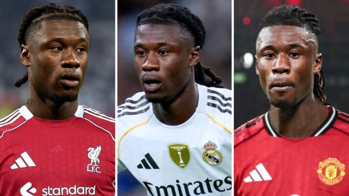 Eduardo Camavinga of Real Madrid with Liverpool and Manchester United kits Photoshopped on to him