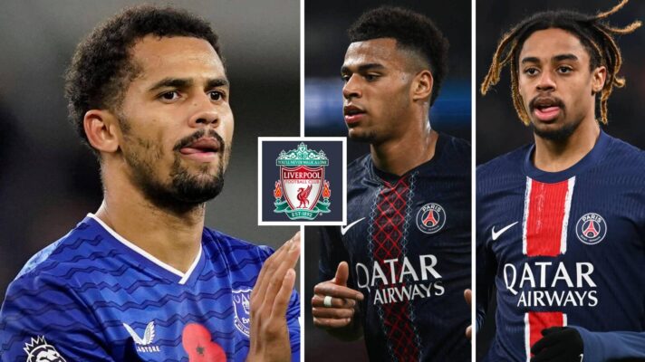 Everton star Iliman Ndiaye next to the Liverpool badge and PSG's Desire Doue and Bradley Barcola