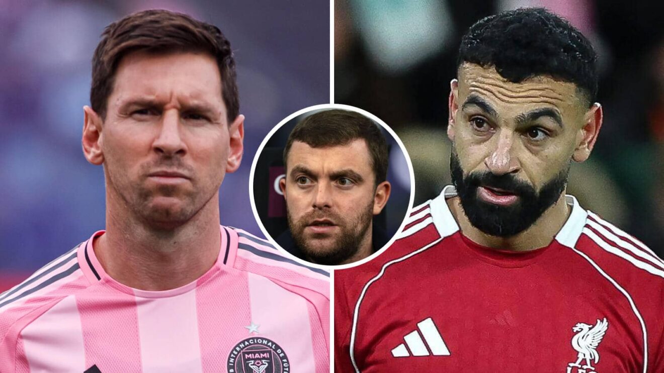 Inter Miami star Lionel Messi next to departing Liverpool man Mohamed Salah, with Fabrizio Romano, inset
