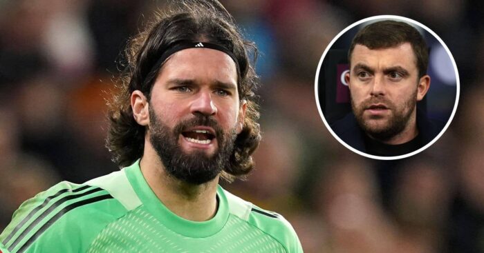Liverpool goalkeeper Alisson Becker and, inset, journalist Fabrizio Romano