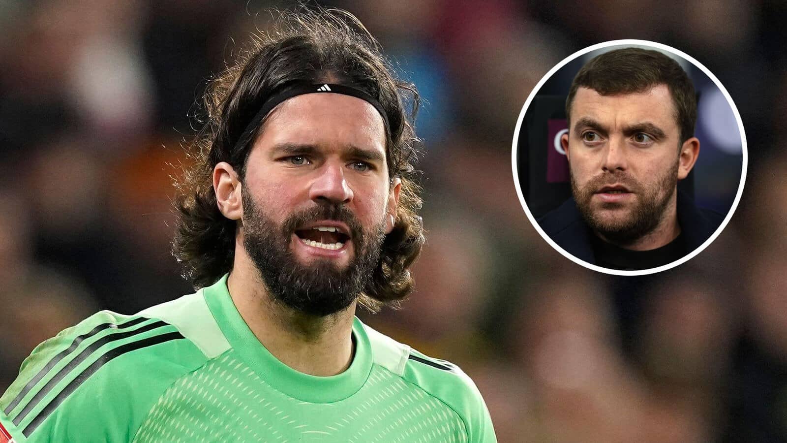 Liverpool goalkeeper Alisson Becker and, inset, journalist Fabrizio Romano