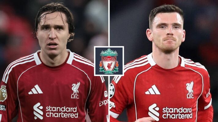 Federico Chiesa and Andy Robertson either side of the Liverpool badge