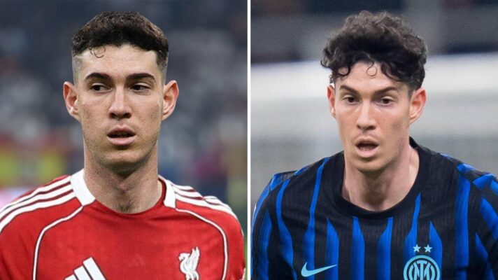 Inter Milan defender Alessandro Bastoni with a Liverpool shirt Photoshopped on him next to his usual look in his Inter Milan kit