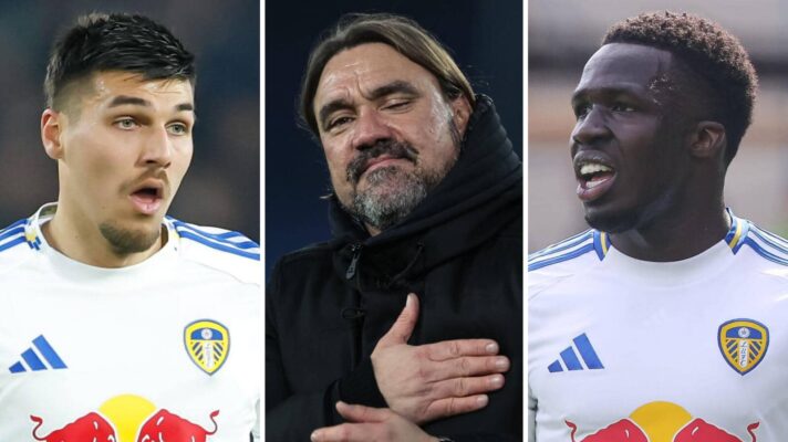 Leeds stars Joel Piroe and Willy Gnonto either side of Leeds United manager Daniel Farke