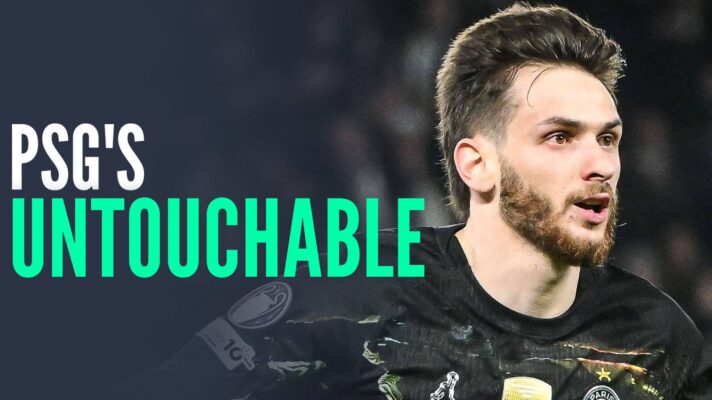 PSG winger Khvicha Kvaratskhelia next to the words 'PSG's untouchable'