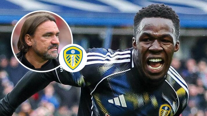 Leeds winger Willy Gnonto and, inset, Daniel Farke next to the Leeds United badge