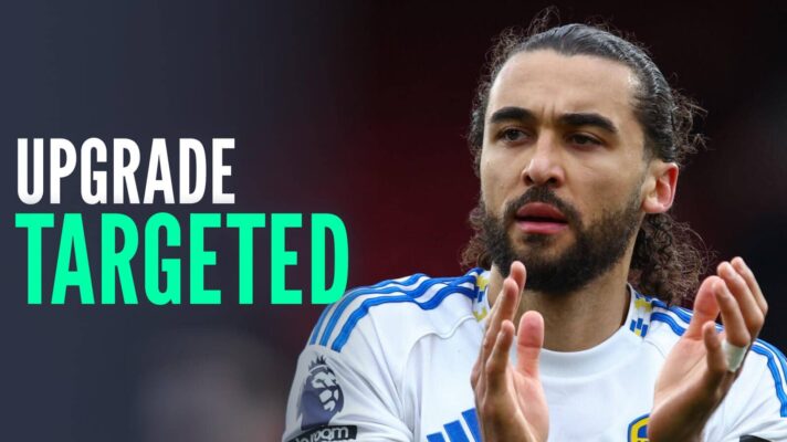 Leeds United striker Dominic Calvert-Lewin and the words 'upgrade targeted'