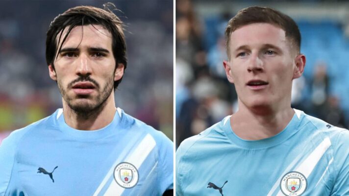 Newcastle star Sandro Tonali and Elliot Anderson of Nottinhgam Forest both with Manchester City shirts Photoshopped on to them