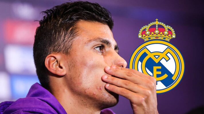 Manchester City star Rodri next to the Real Madrid badge
