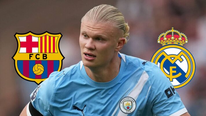 Manchester City striker Erling Haaland in the middle of Barcelona and Real Madrid badges