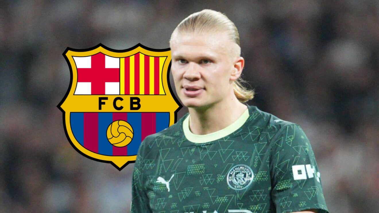 Manchester City striker Erling Haaland next to the Barcelona badge