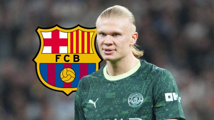 Manchester City striker Erling Haaland next to the Barcelona badge