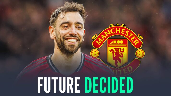 Bruno Fernandes next to the Manchester United badge and the words 'future decided'