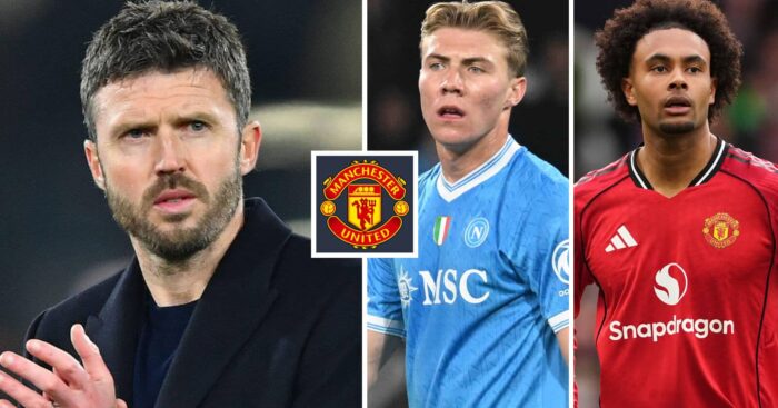 Manchester United boss Michael Carrick next to Rasmus Hojlund and Joshua Zirkzee - both of whom are expected to leave