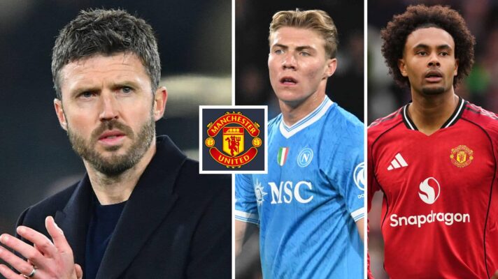 Manchester United boss Michael Carrick next to Rasmus Hojlund and Joshua Zirkzee - both of whom are expected to leave