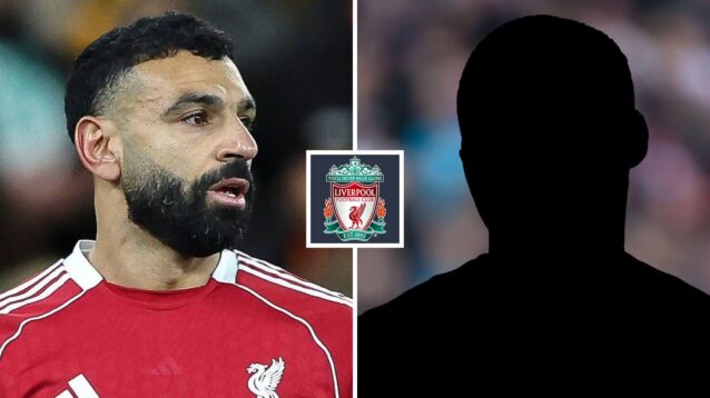 Mohamed Salah and a mystery player next to the Liverpool badge