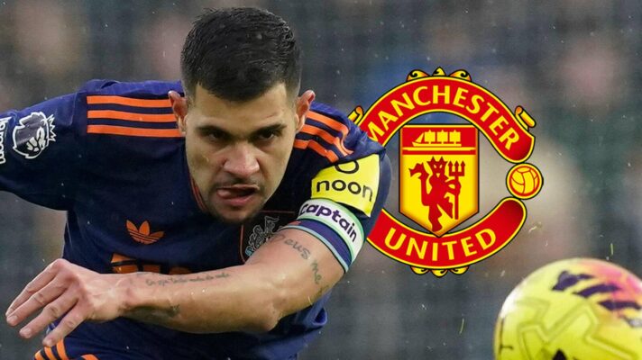 Newcastle captain Bruno Guimaraes next to the Manchester United badge