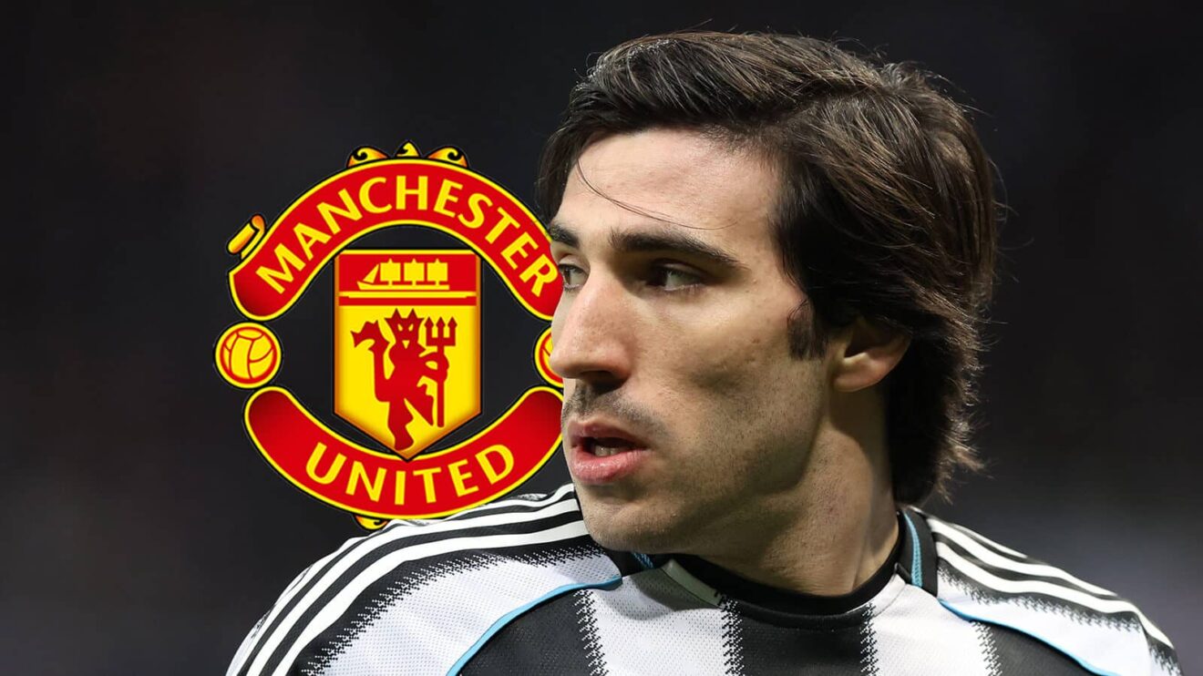 Newcastle's Sandro Tonali next to the Manchester United badge