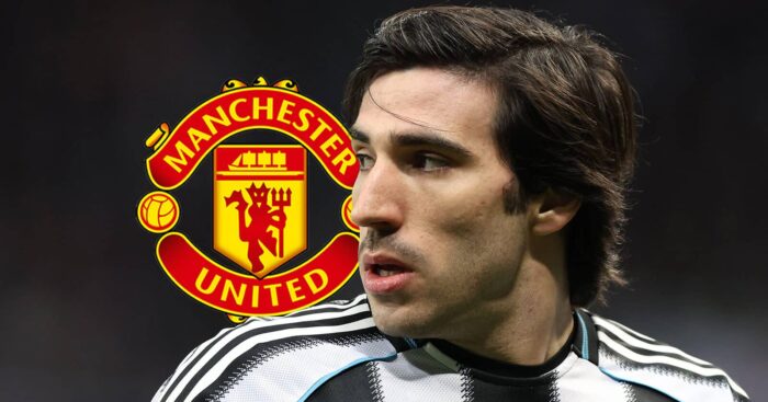 Newcastle's Sandro Tonali next to the Manchester United badge