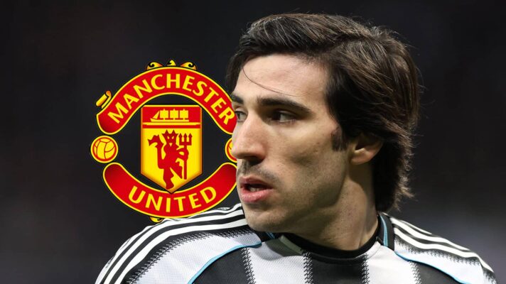 Newcastle's Sandro Tonali next to the Manchester United badge