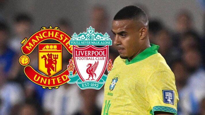 Nottingham Forest and Brazil defender Murillo next to the Liverpool and Manchester United badges