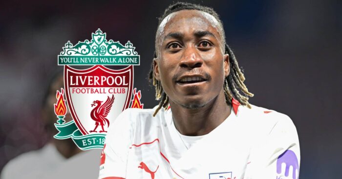 RB Leipzig star Yan Diomande next to the Liverpool badge