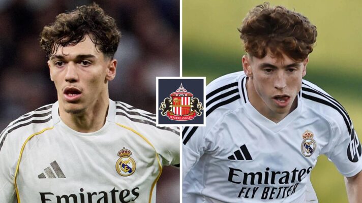Real Madrid pair Thiago Pitarch and Victor Munoz next to the Sunderland badge