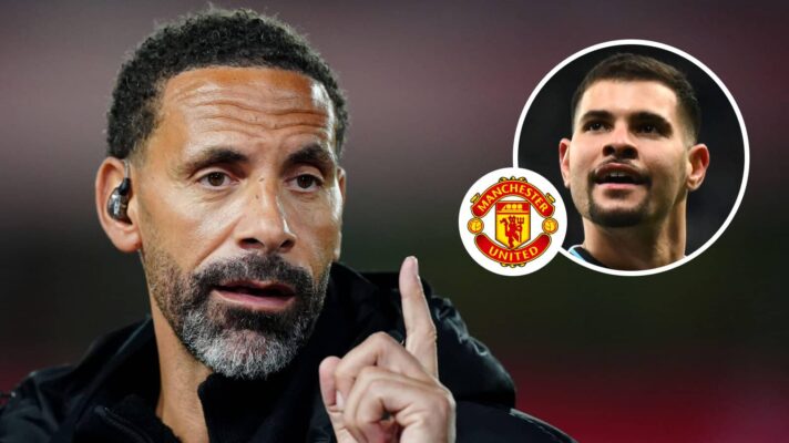 Rio Ferdinand next to, inset, Bruno Guimaraes and the Manchester United badge