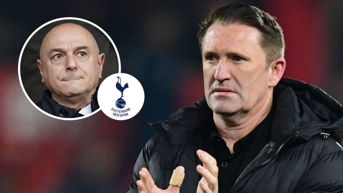 Ferencvaros manager Robbie Keane and, inset, Daniel Levy next to the Tottenham Hotspur badge