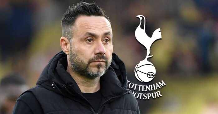 Roberto De Zerbi next to the Tottenham Hotspur badge