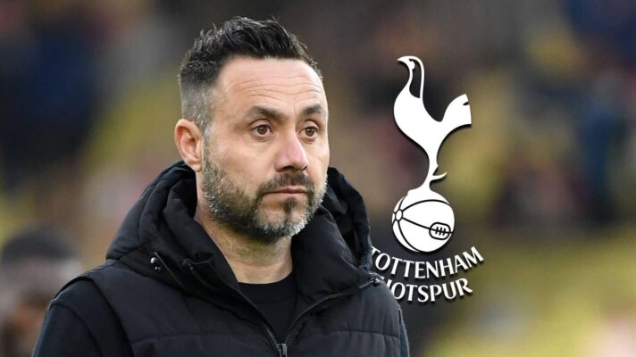 Roberto De Zerbi next to the Tottenham Hotspur badge